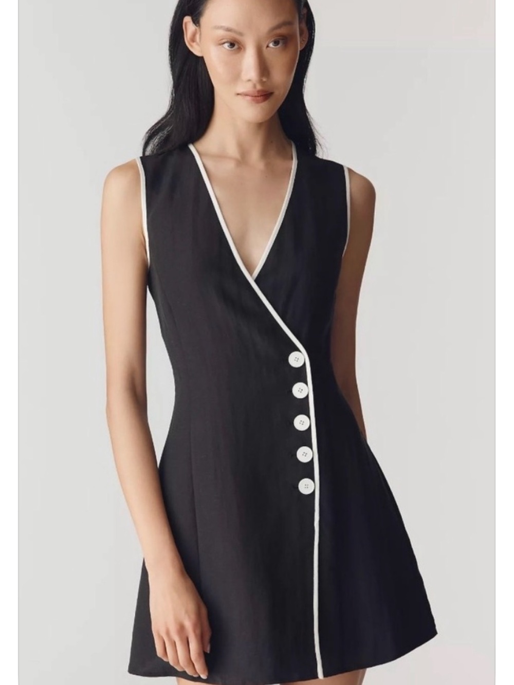 Anthropologie Mare Mare Linen Asymmetric Button Mini Dress - Black & White